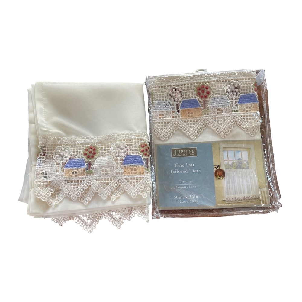 Jubilee Country Lane Tailored Tiers Natural Lace Village Curtains 60x36 Set of 2